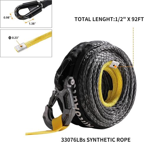 حبل ونش مع خطاف، 1/2 بوصة × 92'-33076 رطل كابل خط حبل ونش صناعي من Dyneema مع كم واقي لشاحنة 4WD ملحقات ونش السيارة على الطرق الوعرة in Kuwait