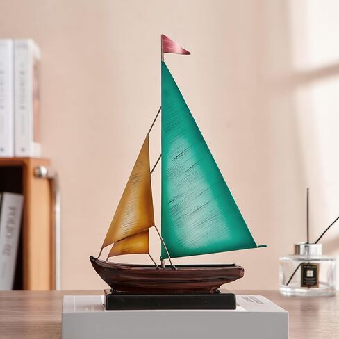 Vintage Sailboat Statue Decor for Living Room, Metal Boat Sculptures Decorations for Dining Room Office, Nautical Home Décor Accents for Shelf Bookshelf Coffee Table TV Stand (Yellow and Blue) in Saudi Arabia
