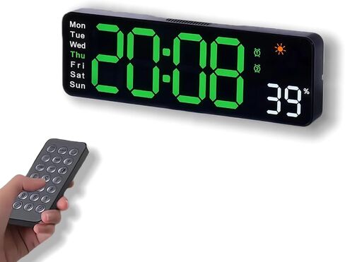 Large LED Digital Wall Clock with Alarm Timer - Auto Dimming Clock with Temperature, Weather and Calendar, Remote Control, Classroom Décor, for Bedroom, Office, Living Room (Green) in Saudi Arabia