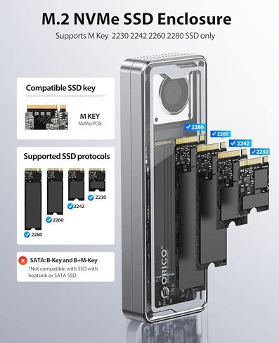 ORICO 40Gbps M.2 NVMe SSD Enclosure with Built-in Cooling Fan, Tool-Free Installation Aluminum NVMe Case, Support 2230 2242 2260 2280(M Key), Compatible with Thunderbolt 3/4 USB4/3.2/3.1/3.0/2.0 in Saudi Arabia