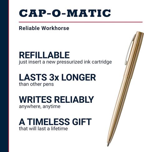 قلم فيشر سبيس من سبائك النحاس بغطاء O-Matic، قلم حبر جاف مضغوط، يكتب رأسًا على عقب وفي درجات الحرارة القصوى، حبر أسود، نقطة متوسطة، مشبك جيب، صنع في الولايات المتحدة الأمريكية in Kuwait