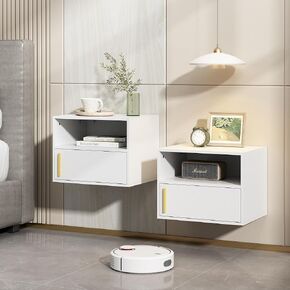 JAXPETY Wall Floating Nightstand Set of 2 Modern Side Table Wall Mounted Shelf with Cabinet Storage for Living Room, Bedroom, Dorm, White in Saudi Arabia