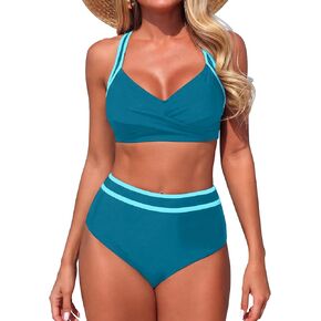 بدلة سباحة نسائية بكيني عالي الخصر مكونة من قطعتين للتحكم في البطن، بدلة استحمام أمامية ملتوية ومتعددة الألوان in Kuwait