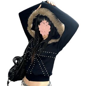 Gothic Women's Black Fur-Trimmed Studded Zip-Up Hooded Jacket Y2K Punk Street Fall Winter Warm Long Sleeve Coat in Kuwait