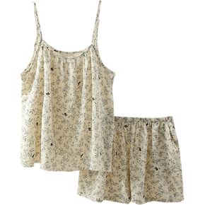 طقم بيجامة قطن نسائي مكون من قطعتين طقم صالة بروتيل بحزام سباغيتي مزين بالزهور in Kuwait