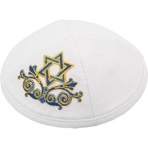 كيبا سويد بيضاء مقاس 19 سم مع تطريز نجمة داود باللونين الأزرق والأصفر للرجال والأولاد، قبعة ياماكا من إسرائيل (نجمة زرقاء وصفراء) in Kuwait