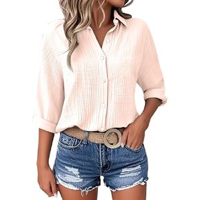Womens Blouse Tops Plus Size Fashion Solid Color Button Lapel 3/4 Length Sleeves Loose Comfy Dressy Casual Shirts in Kuwait