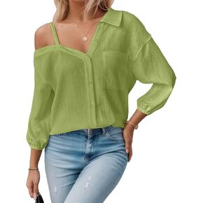 Women Casual 3/4 Sleeve Shirt Summer Off Shoulder Shirts Elegant Button Down Blouse Loose Fashion Solid Color Top in Kuwait