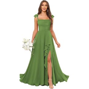 Long Chiffon Bridesmaid Dresses with Pockets Spaghetti Straps A-Line Ruffles Formal Evening Gowns with Slit in Kuwait
