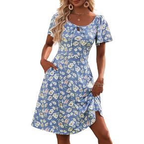 VETIOR فساتين الشمس الصيفية للسيدات 2026 فستان ربيعي بأكمام قصيرة وربطة عنق أمامية بطول الركبة مع جيوب in Kuwait