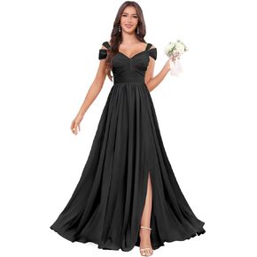 Off Shoulder Bridesmaid Dresses for Women - Long Chiffon Ruched Formal Evening Dress with Slit in Saudi Arabia