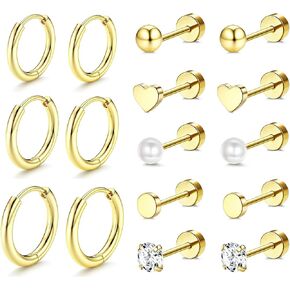 Incaton Hypoallergenic 14K Gold Plated Stud Hoop Earrings for Women Surgical Stainless Steel Flat Back Earrings Small Huggie Hoops Cartilage Earring Set for Multiple Piercing Jewelry in Kuwait
