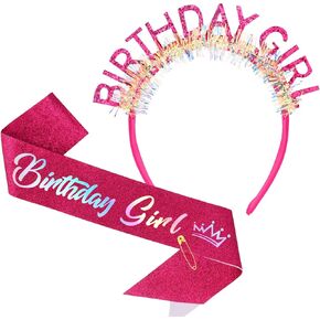 CAVETEE Birthday Crown and Sash for Girls, Glitter Iridescent Headband, Happy Brithday Party Decorations for Women & Girls in Kuwait