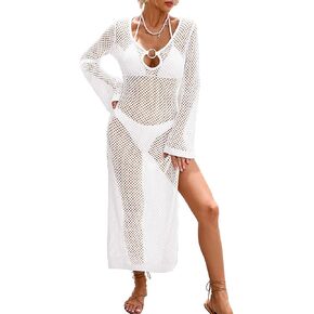 Womens Crochet Swimsuit Beach Cover Up 2026 V Neck Long Sleeve Mesh Knit Bathing Suit Swim Coverups Maxi Dress in Kuwait