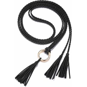 CHIC DIARY Women's Tassel Braided Rope Belt Skinny Woven Belt for Dress PU Leather Waist Belt with Ring in Kuwait
