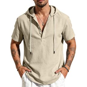 Men's Cotton Linen Shirts Short Sleeve Casual Button Down Hoodies Summer Hawaiian Beach Top with Drawstring in Kuwait