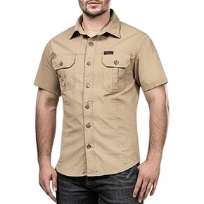 Men's Short Sleeve Button Up Cargo Shirt Solid Color Military Safari Shirts in Kuwait