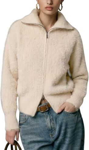 Women's Zip Up Sweater Fuzzy Chunky Cardigan Lapel Fluffy Knit Double Zip Cardigans in Saudi Arabia