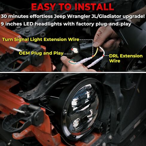 9 Inch 1000% Bright LED Headlights for Jeep Wrangler JL/JLU Unlimited 2018-2025,Gladiator JT 2019-2025,DOT Approved Black Round Front Headlights with DRL and Turn Signal in Kuwait