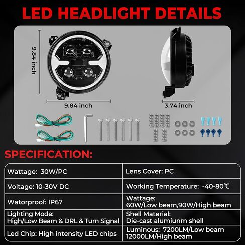 9 Inch 1000% Bright LED Headlights for Jeep Wrangler JL/JLU Unlimited 2018-2025,Gladiator JT 2019-2025,DOT Approved Black Round Front Headlights with DRL and Turn Signal in Kuwait