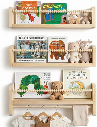Nursery Book Shelves for Wall Set of 3, Natural Wood Bookshelves Wall Decor, Small Floating Shelf Organizer for Kids Room, Bedroom, Kitchen Spice Rack in Kuwait
