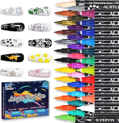 مجموعة 36 قلم طلاء أكريليك من أقلام الطلاء الدائمة ذات الرأس المزدوج تتضمن فرشاة ذات رأس رفيع وعلامات طلاء ذات طرف منقطة للصخور والنسيج واليقطين والورق والخشب والسيراميك والزجاج والحجر ومجموعة عيد الميلاد للهالوين in Kuwait