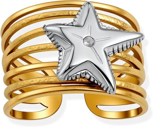 بيان الفرقة المعدنية المطروقة ذات اللونين المختلطين من الفضة والذهب خواتم قابلة للتعديل للنساء in Kuwait