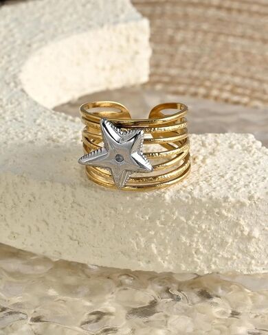 بيان الفرقة المعدنية المطروقة ذات اللونين المختلطين من الفضة والذهب خواتم قابلة للتعديل للنساء in Kuwait