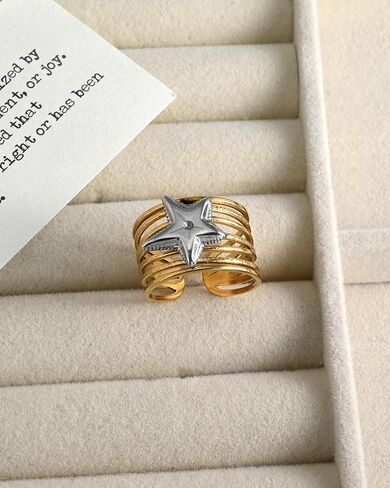 بيان الفرقة المعدنية المطروقة ذات اللونين المختلطين من الفضة والذهب خواتم قابلة للتعديل للنساء in Kuwait