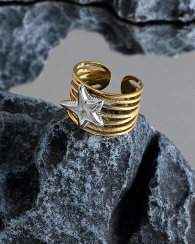 بيان الفرقة المعدنية المطروقة ذات اللونين المختلطين من الفضة والذهب خواتم قابلة للتعديل للنساء in Kuwait