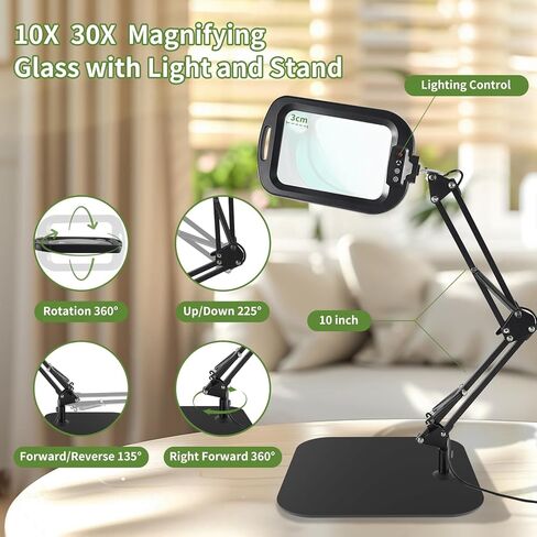 ‌10X 30X Large Square Magnifying Glass with Light and Stand/Clamp, 60 LED Lighted Magnifier, Hands Free 360° Rotatable Desk Lamp for Close Work Reading Craft Hobby Painting Sewing in Saudi Arabia