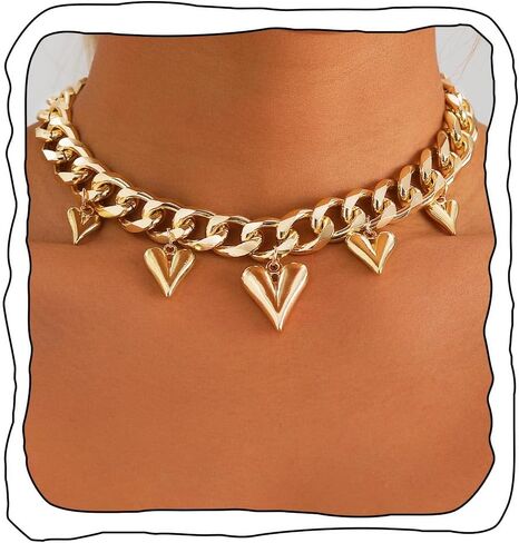Chunky Necklace for Women Gold Choker Necklaces Heart Pendant Necklace Coin Chain Necklaces Summer Jewelry in Kuwait