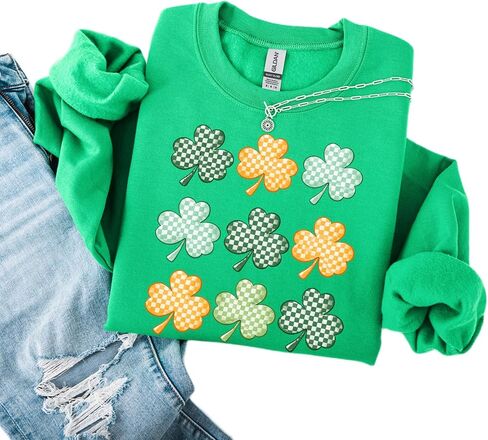 St Patrick’s Day Shamrock Sweatshirt – Checkered Clover Graphic Crewneck – Irish Green Lucky Shirt in Kuwait
