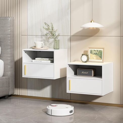 JAXPETY Wall Floating Nightstand Set of 2 Modern Side Table Wall Mounted Shelf with Cabinet Storage for Living Room, Bedroom, Dorm, White in Saudi Arabia