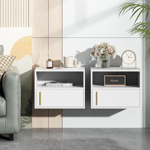 JAXPETY Wall Floating Nightstand Set of 2 Modern Side Table Wall Mounted Shelf with Cabinet Storage for Living Room, Bedroom, Dorm, White in Saudi Arabia