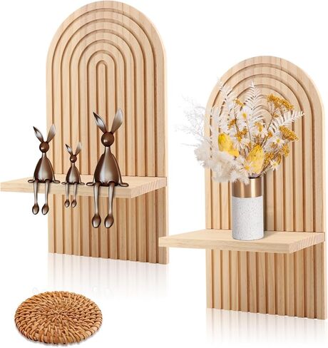 مجموعتان من أرفف الحائط الخشبية المقوسة، أرفف عائمة مقوسة خشبية من بوهو رف حائط بوهو عتيق، أرفف عرض قوس قزح للمنزل وغرفة النوم وغرفة المعيشة ومكتب الحضانة (بني، الحجم: 35 * 1 * 18 سم) in Kuwait