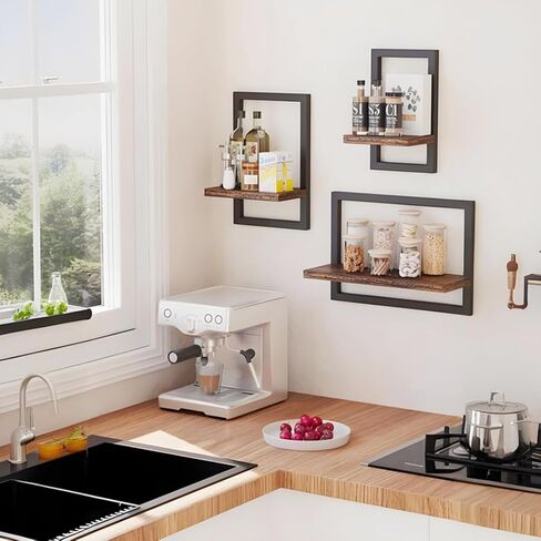 أرفف عائمة للجدار، 4 قطع أرفف تخزين مزخرفة على شكل رف عائم ريفي مع إطار، أرفف عائمة معلقة على الحائط لغرفة المعيشة، تخزين المطبخ in Kuwait