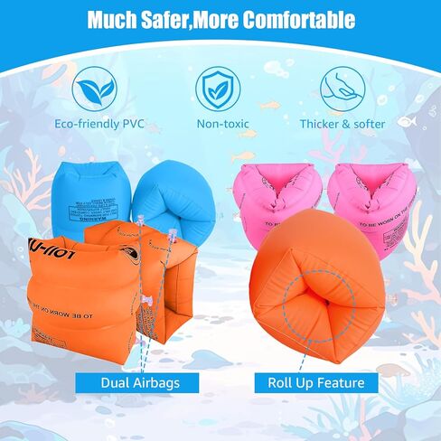 عوامات الذراع للأطفال من عمر 6 إلى 12 عامًا، عوامات السباحة للأطفال الصغار، أربطة ذراع السباحة القابلة للنفخ، أكمام عائمة، حلقات ذراع سميكة من مادة PVC للبالغين (6 عبوات) in Kuwait