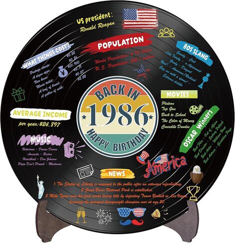 Holkcog الفينيل سجل 1986 زخرفة عيد ميلاد، خمر مرة أخرى في عام 1986 ملصق حفلة عيد ميلاد مع حامل، 40 سنة لوازم الحفلات للرجال والنساء، هدايا لم شمل فئة الذكرى الأربعين in Kuwait