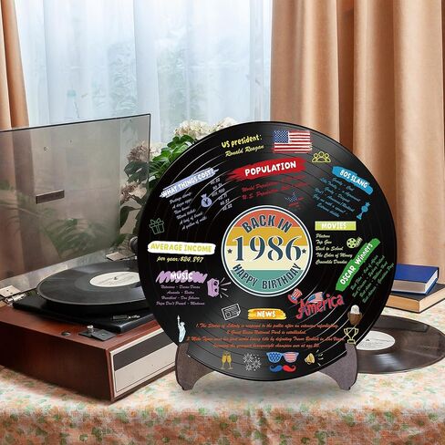 Holkcog الفينيل سجل 1986 زخرفة عيد ميلاد، خمر مرة أخرى في عام 1986 ملصق حفلة عيد ميلاد مع حامل، 40 سنة لوازم الحفلات للرجال والنساء، هدايا لم شمل فئة الذكرى الأربعين in Kuwait