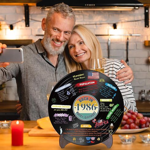 Holkcog الفينيل سجل 1986 زخرفة عيد ميلاد، خمر مرة أخرى في عام 1986 ملصق حفلة عيد ميلاد مع حامل، 40 سنة لوازم الحفلات للرجال والنساء، هدايا لم شمل فئة الذكرى الأربعين in Kuwait