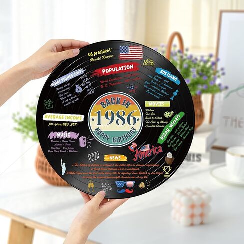 Holkcog الفينيل سجل 1986 زخرفة عيد ميلاد، خمر مرة أخرى في عام 1986 ملصق حفلة عيد ميلاد مع حامل، 40 سنة لوازم الحفلات للرجال والنساء، هدايا لم شمل فئة الذكرى الأربعين in Kuwait
