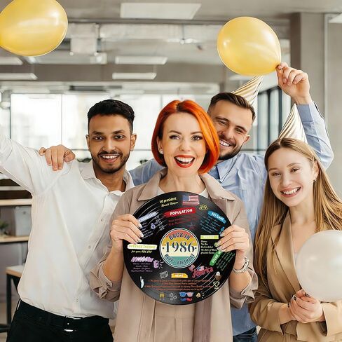 Holkcog الفينيل سجل 1986 زخرفة عيد ميلاد، خمر مرة أخرى في عام 1986 ملصق حفلة عيد ميلاد مع حامل، 40 سنة لوازم الحفلات للرجال والنساء، هدايا لم شمل فئة الذكرى الأربعين in Kuwait