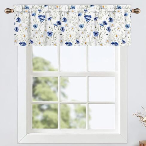 Floral Valances for Kitchen, Blue White Watercolor Flowers Small Window Curtain Valance 52x18 inches for Living Room Bedroom Bathroom Botanical Plants Fabric Window Treatments 1Panel in Saudi Arabia