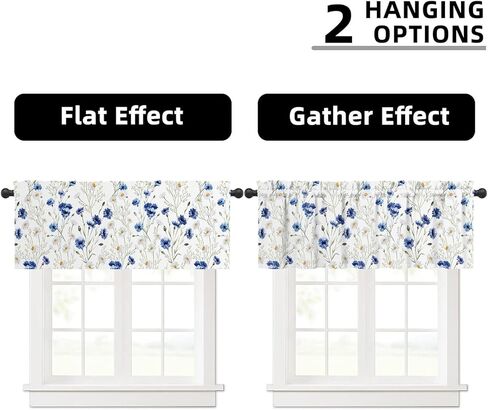Floral Valances for Kitchen, Blue White Watercolor Flowers Small Window Curtain Valance 52x18 inches for Living Room Bedroom Bathroom Botanical Plants Fabric Window Treatments 1Panel in Saudi Arabia