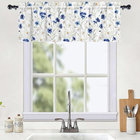 Floral Valances for Kitchen, Blue White Watercolor Flowers Small Window Curtain Valance 52x18 inches for Living Room Bedroom Bathroom Botanical Plants Fabric Window Treatments 1Panel in Saudi Arabia