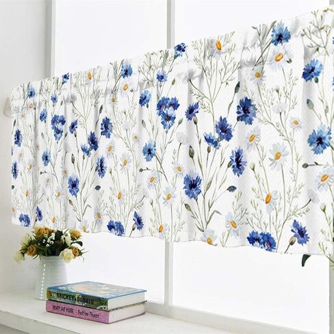 Floral Valances for Kitchen, Blue White Watercolor Flowers Small Window Curtain Valance 52x18 inches for Living Room Bedroom Bathroom Botanical Plants Fabric Window Treatments 1Panel in Saudi Arabia