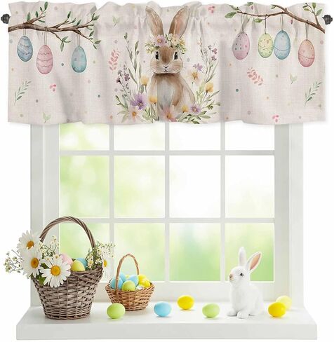 ALAGEO Easter Valances for Window Bunny Spring Flowers Kitchen Curtain Valances Rod Pocket Easter Eggs Window Treatment Short Topper Curtains for Home Spring Party Decoration, 54x18in in Saudi Arabia