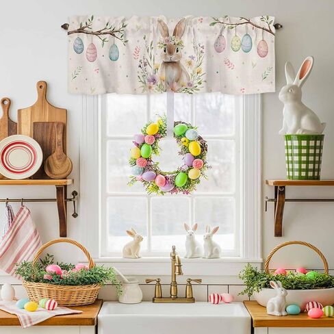 ALAGEO Easter Valances for Window Bunny Spring Flowers Kitchen Curtain Valances Rod Pocket Easter Eggs Window Treatment Short Topper Curtains for Home Spring Party Decoration, 54x18in in Saudi Arabia