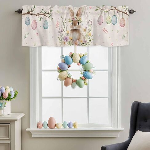 ALAGEO Easter Valances for Window Bunny Spring Flowers Kitchen Curtain Valances Rod Pocket Easter Eggs Window Treatment Short Topper Curtains for Home Spring Party Decoration, 54x18in in Saudi Arabia